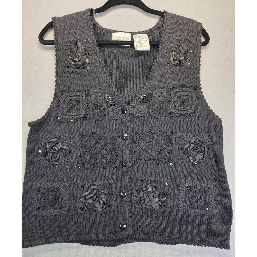 Vintage‎ Embellished Knit Vest Medium 3D Ribbon Rose Button Front
